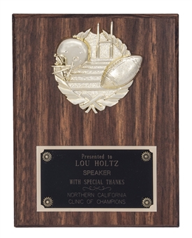Lou Holtz Special Thanks Plaque Presented By The Northern California Clinic of Champions (Holtz LOA)